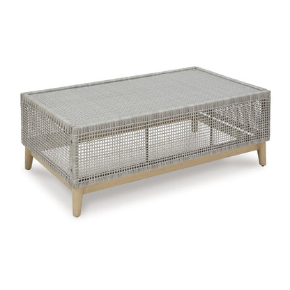 Yami 50 Inch Outdoor Coffee Table, Resin Wicker, Tempered Glass Top, Gray