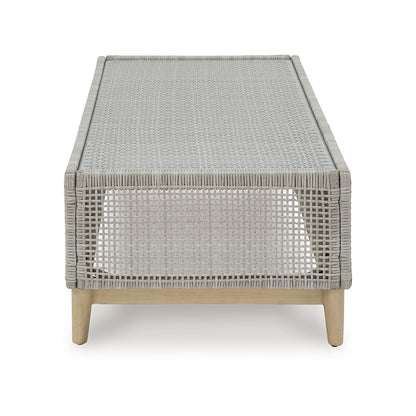 Yami 50 Inch Outdoor Coffee Table, Resin Wicker, Tempered Glass Top, Gray