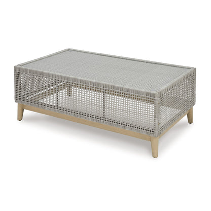 Yami 50 Inch Outdoor Coffee Table, Resin Wicker, Tempered Glass Top, Gray