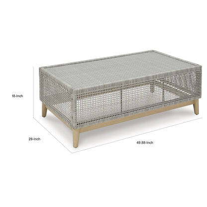 Yami 50 Inch Outdoor Coffee Table, Resin Wicker, Tempered Glass Top, Gray
