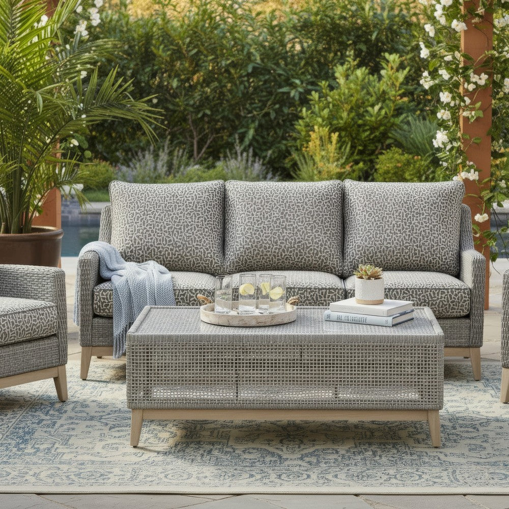 Yami 50 Inch Outdoor Coffee Table, Resin Wicker, Tempered Glass Top, Gray