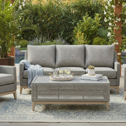 Yami 50 Inch Outdoor Coffee Table, Resin Wicker, Tempered Glass Top, Gray