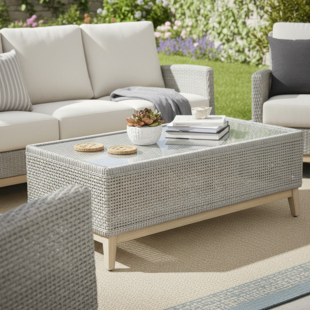 Yami 50 Inch Outdoor Coffee Table, Resin Wicker, Tempered Glass Top, Gray
