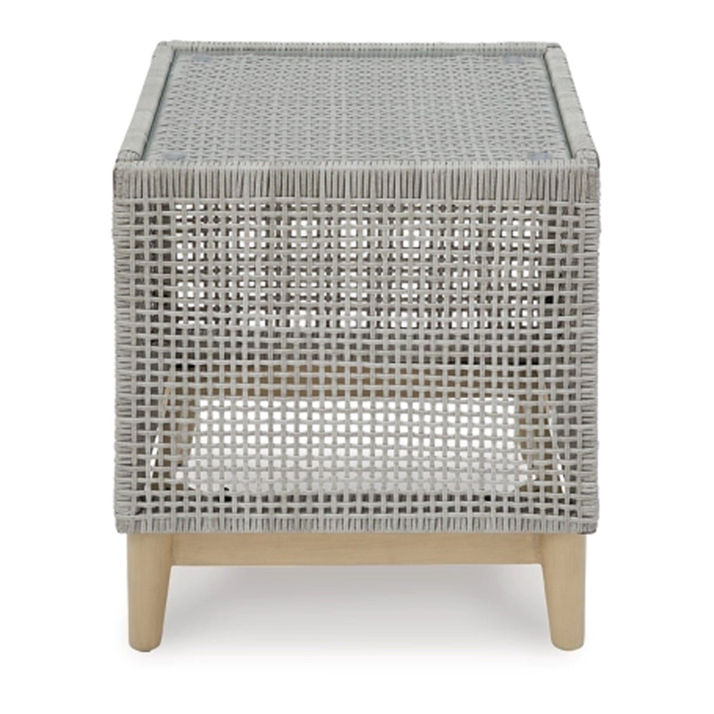 Yami 23 Inch Outdoor Side End Table, Resin Wicker, Tempered Glass Top, Gray