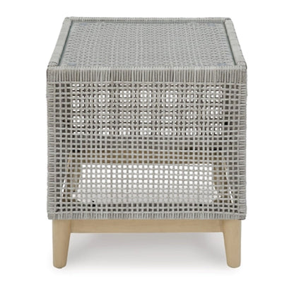Yami 23 Inch Outdoor Side End Table, Resin Wicker, Tempered Glass Top, Gray