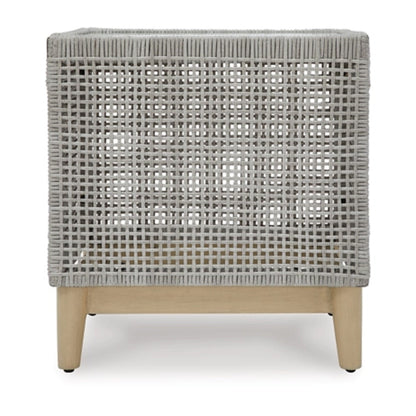 Yami 23 Inch Outdoor Side End Table, Resin Wicker, Tempered Glass Top, Gray