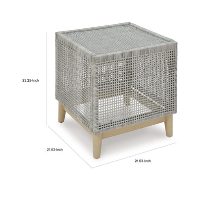 Yami 23 Inch Outdoor Side End Table, Resin Wicker, Tempered Glass Top, Gray