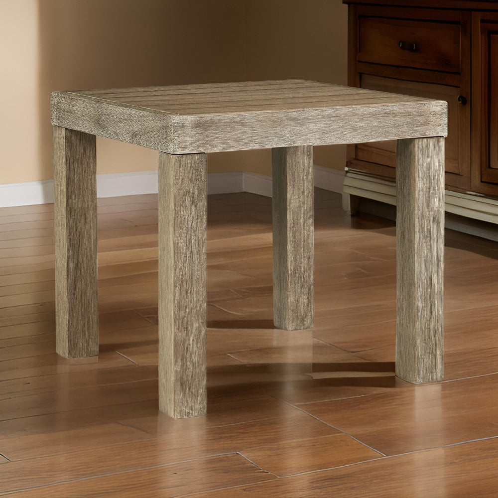 Fayi 22 Inch Outdoor End Table, Square Slatted Design, Natural Brown Finish