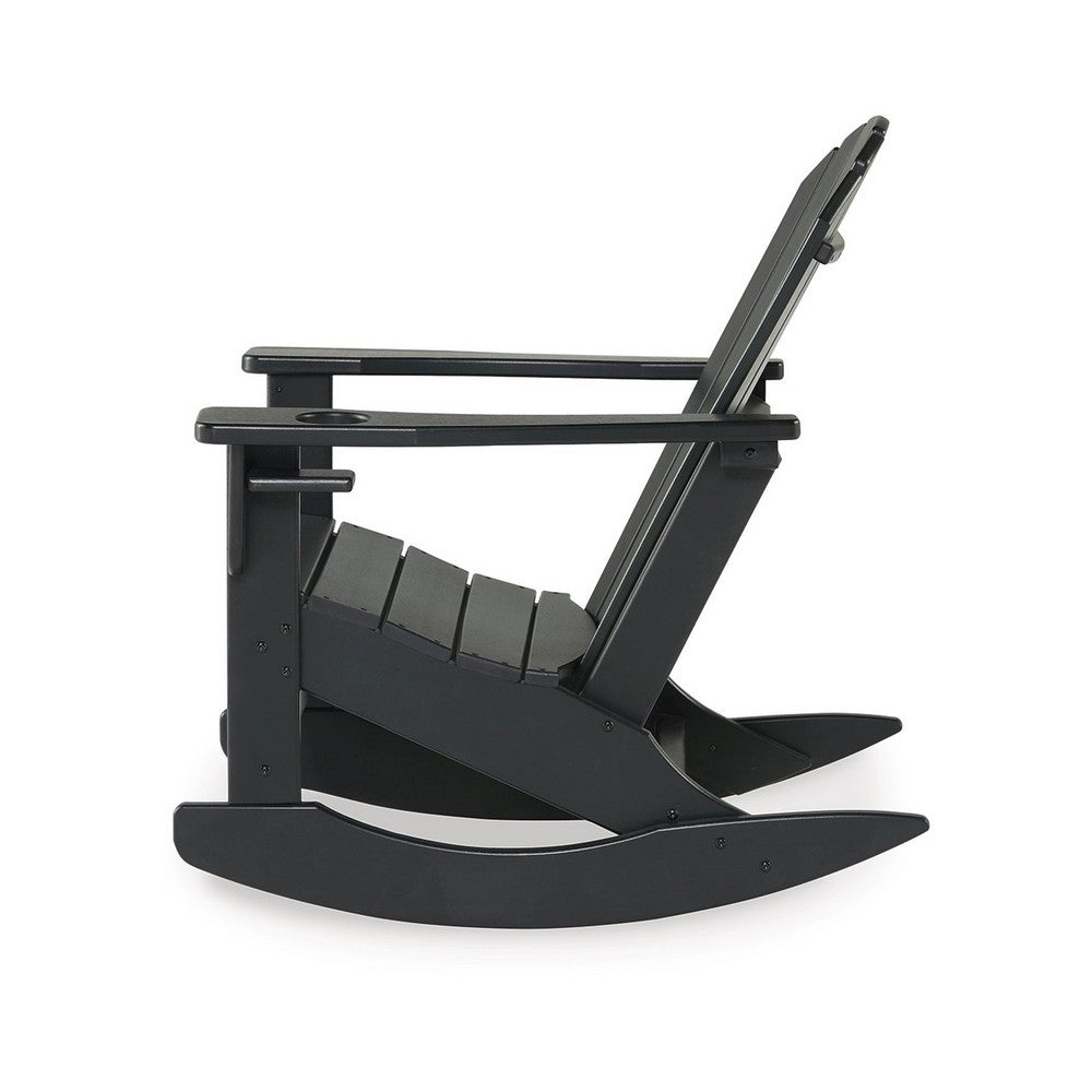 Sami 35 Inch Outdoor Rocking Chair, Slatted Design, Modern Black Finish