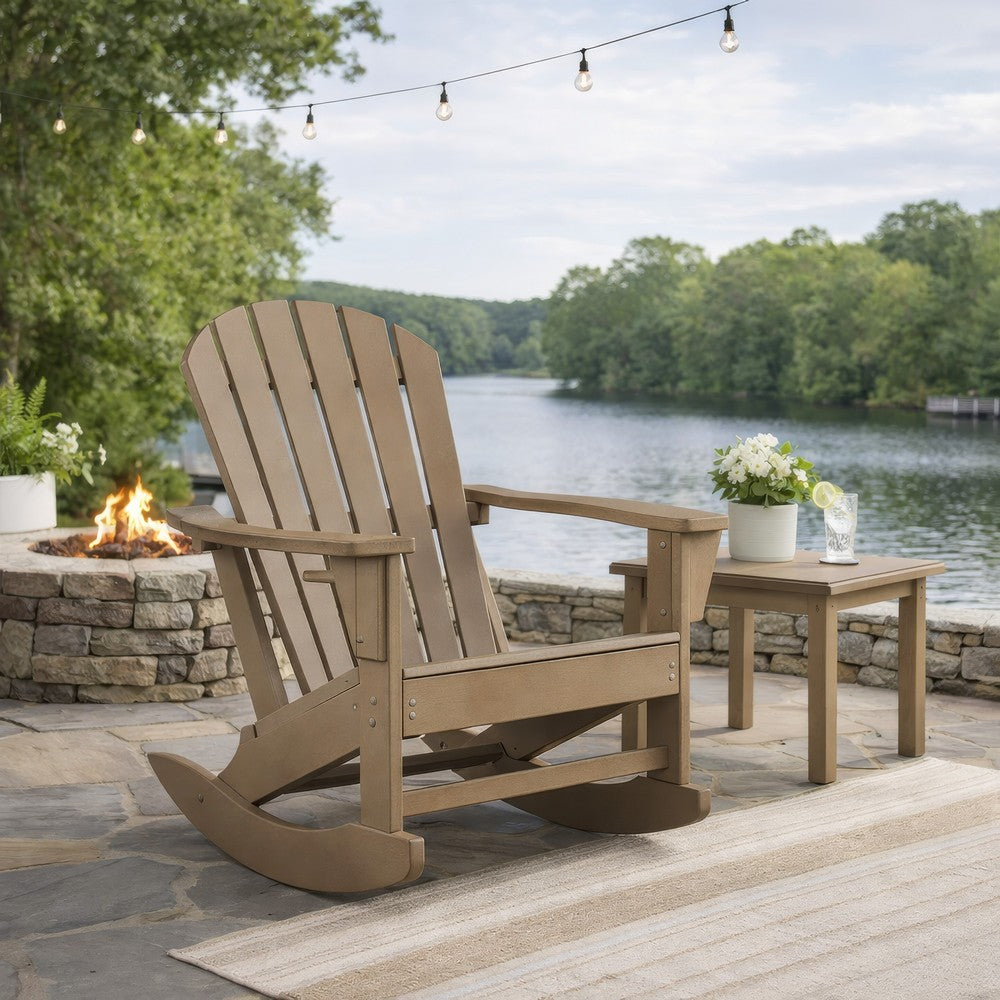 Sami 35 Inch Outdoor Rocking Chair, Slatted Design, Modern Brown Finish