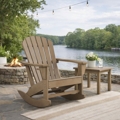 Sami 35 Inch Outdoor Rocking Chair, Slatted Design, Modern Brown Finish