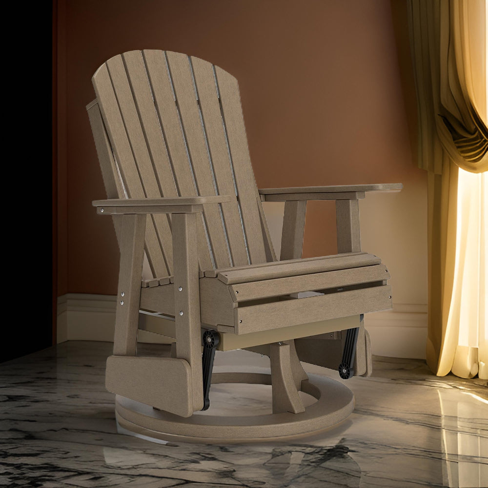 Sami 31 Inch Outdoor Swivel Glider Chair, Slatted, Adirondack, Brown Finish