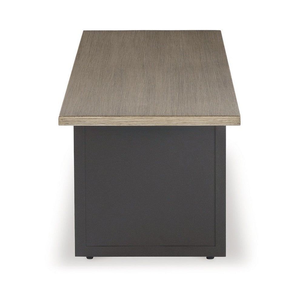 38 Inch Outdoor Table, Rectangular Faux Wood Top, Modern Two Tone Brown