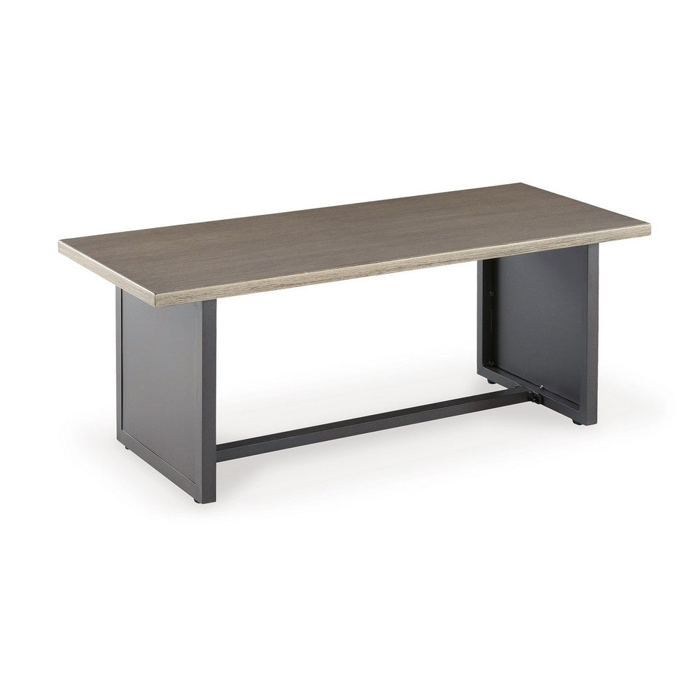 38 Inch Outdoor Table, Rectangular Faux Wood Top, Modern Two Tone Brown