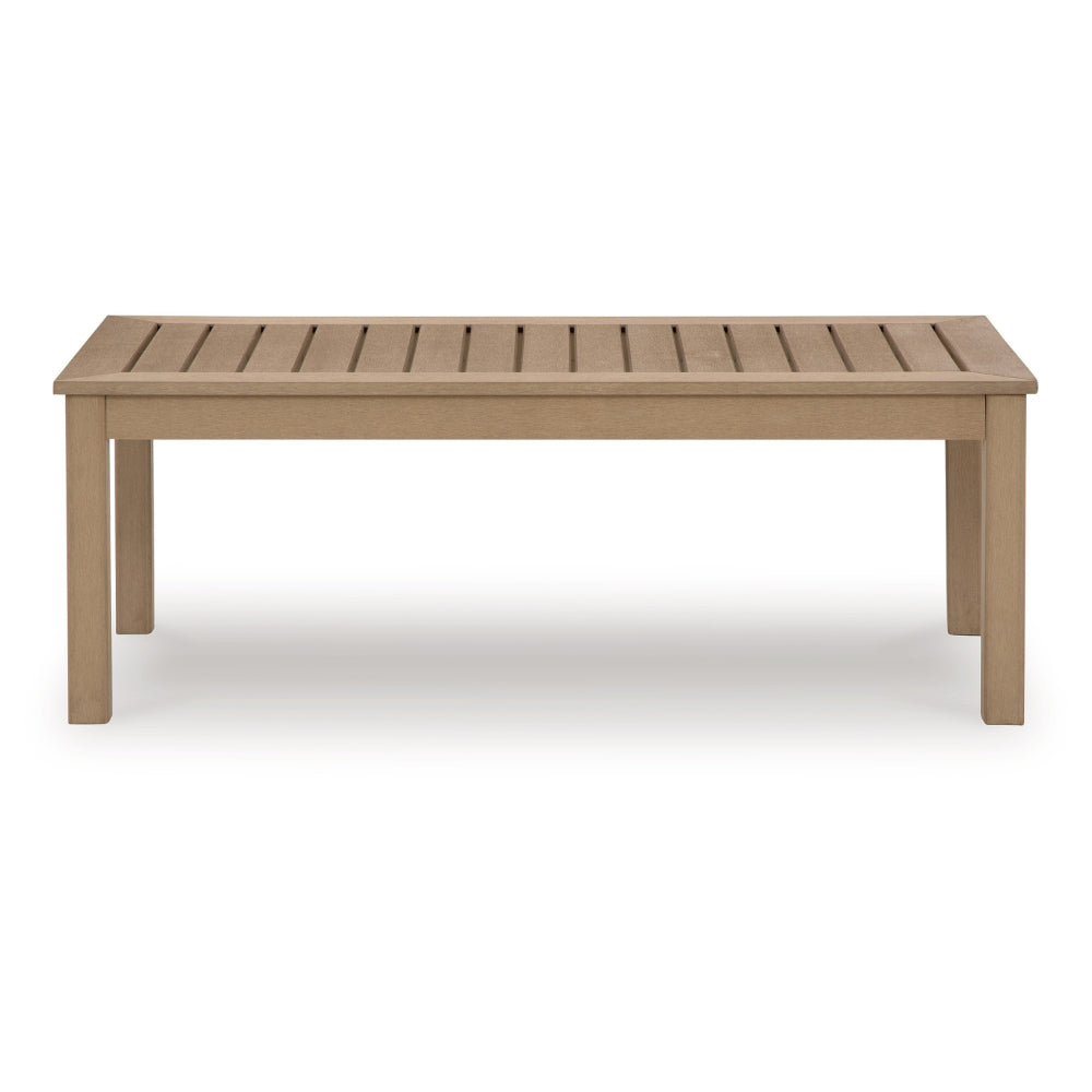 Karo 49 Inch Outdoor Coffee Table, Slatted Top, Modern Style, Natural Brown