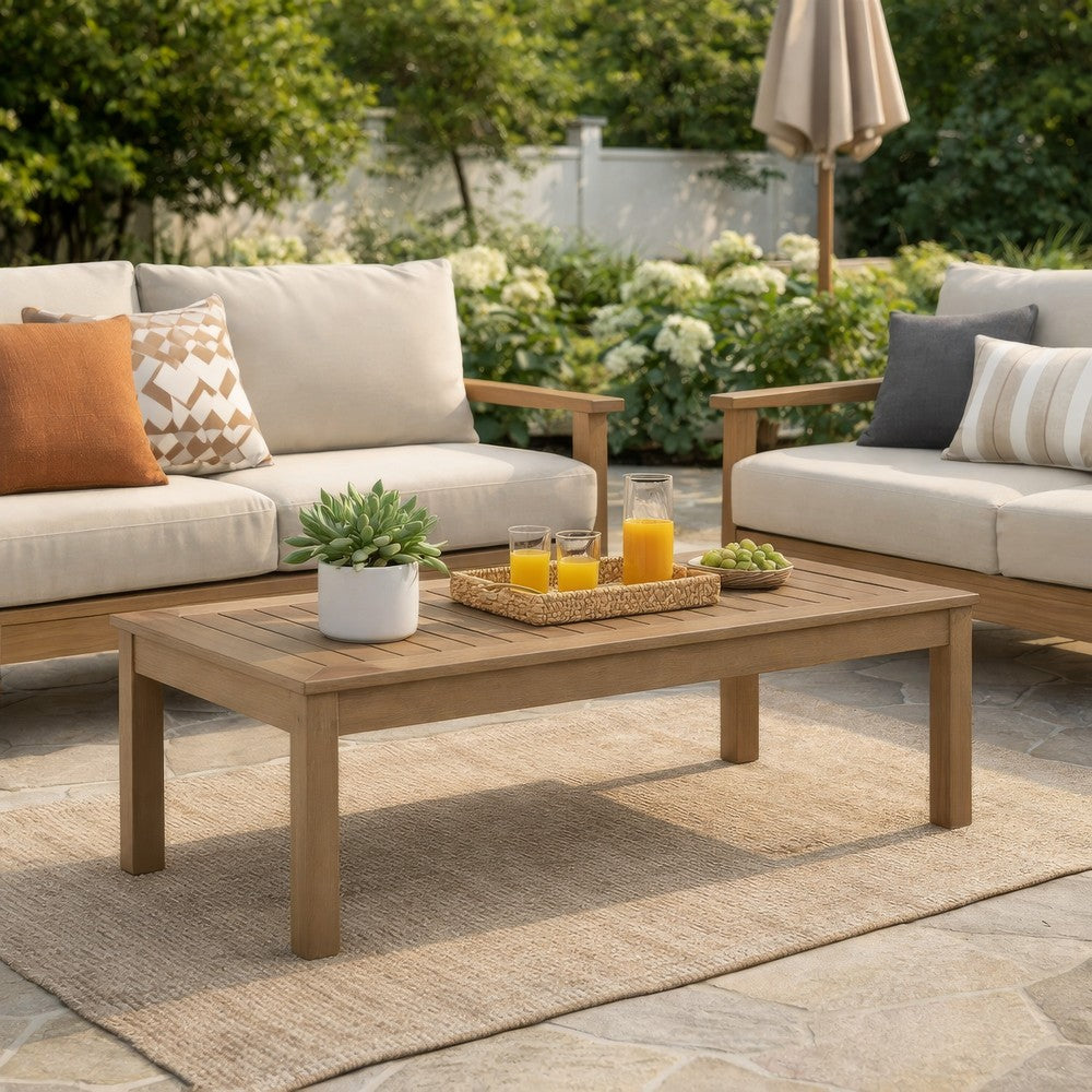 Karo 49 Inch Outdoor Coffee Table, Slatted Top, Modern Style, Natural Brown