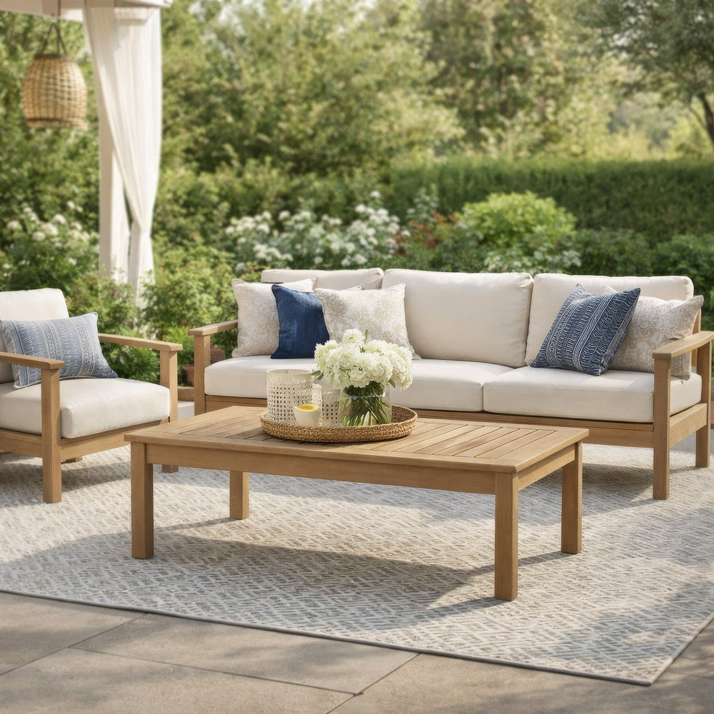 Karo 49 Inch Outdoor Coffee Table, Slatted Top, Modern Style, Natural Brown