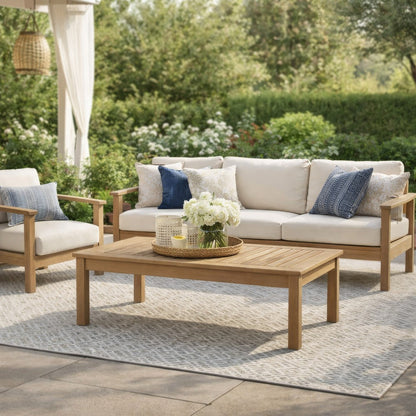 Karo 49 Inch Outdoor Coffee Table, Slatted Top, Modern Style, Natural Brown