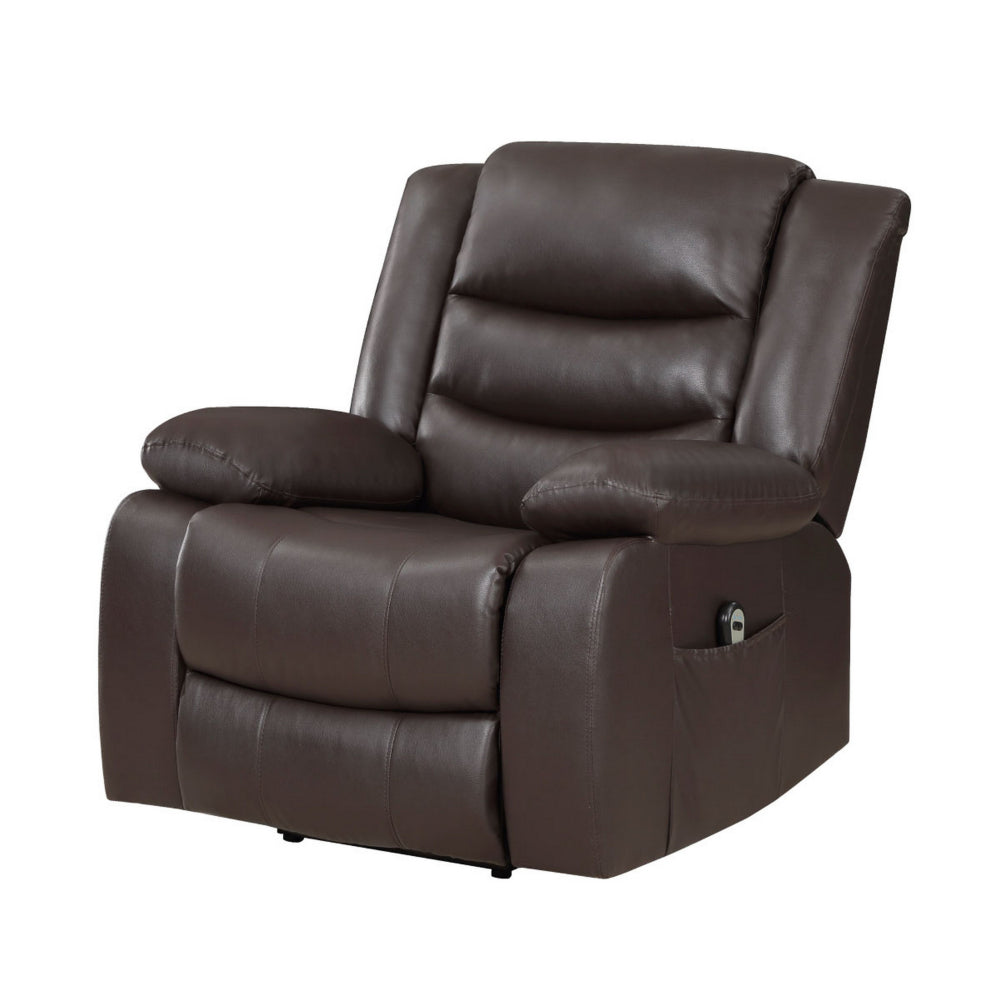 Carry 39 Inch Power Lift Recliner Chair, Solid Wood Dark Brown Faux Leather