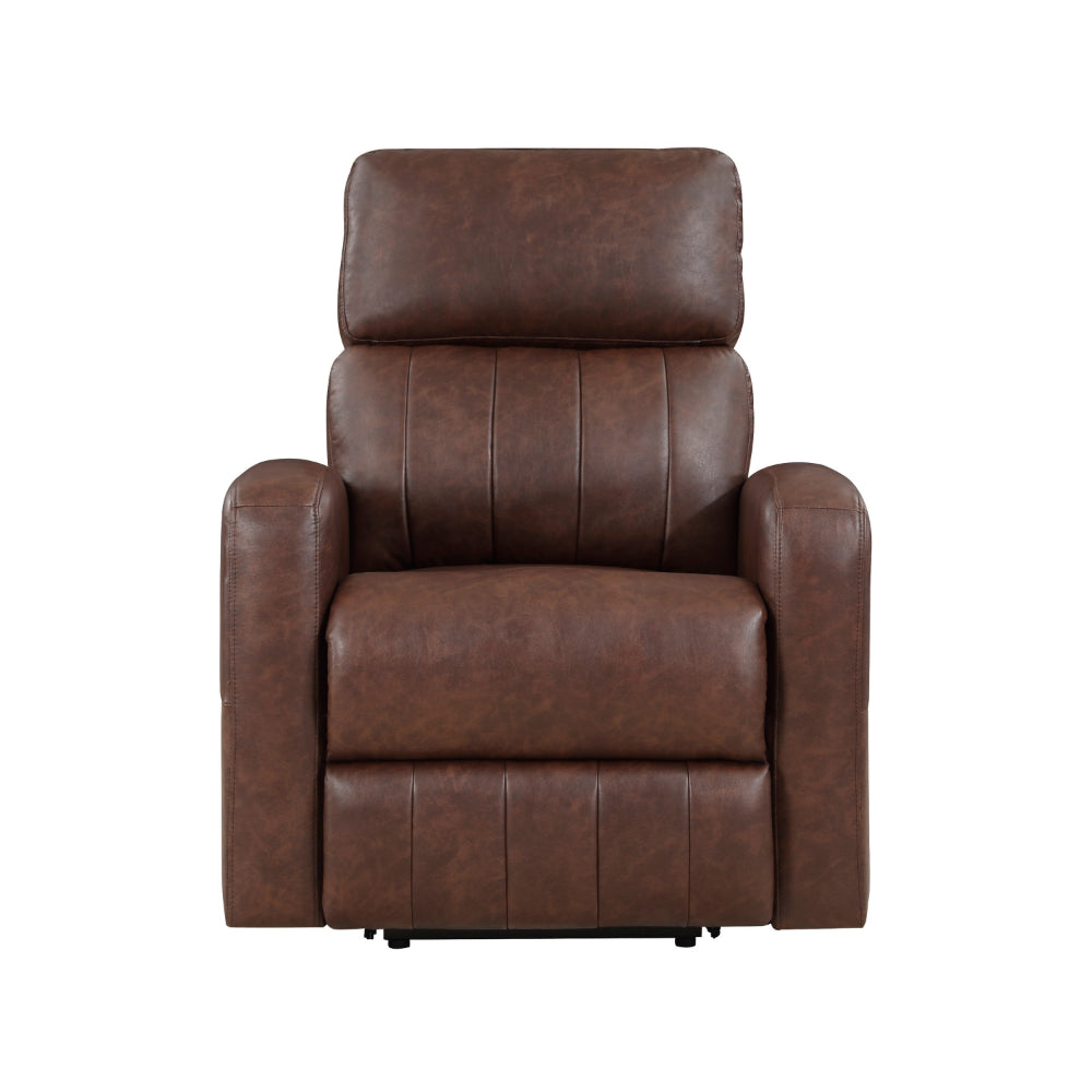 Eva 38 Inch Power Lift Recliner Chair, Brown Faux Leather, Solid Wood