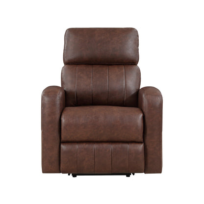 Eva 38 Inch Power Lift Recliner Chair, Brown Faux Leather, Solid Wood