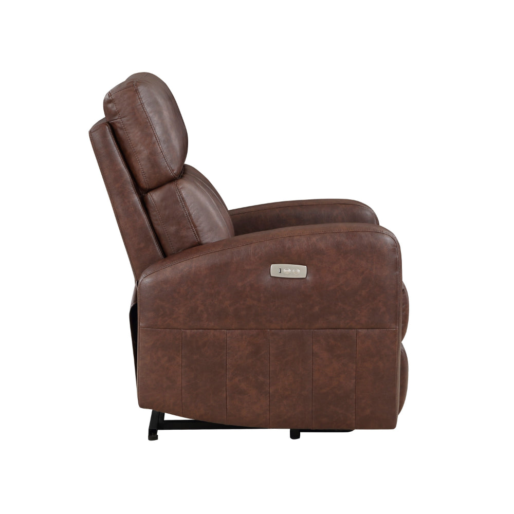 Eva 38 Inch Power Lift Recliner Chair, Brown Faux Leather, Solid Wood