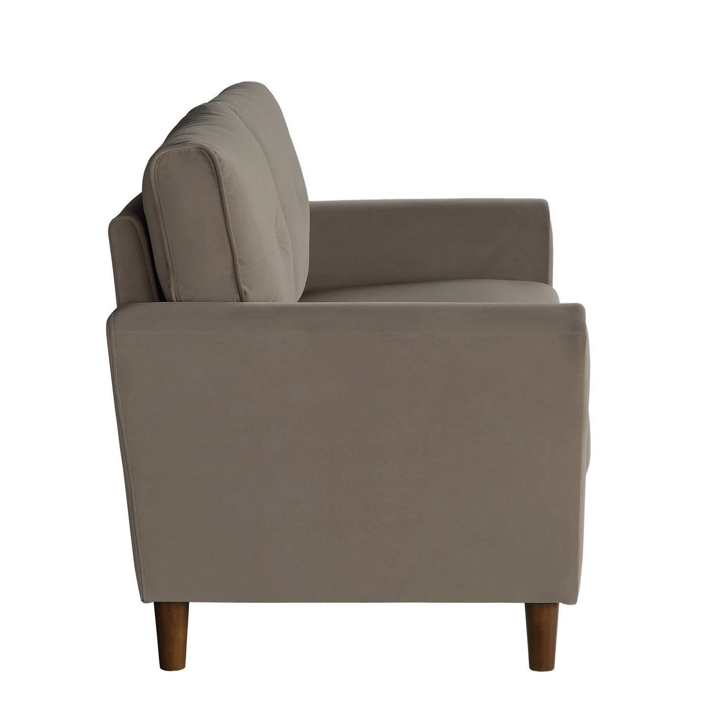 Sarah 57 Inch Loveseat, Brown Velvet, Tufted, Reversible Cushions, Wood