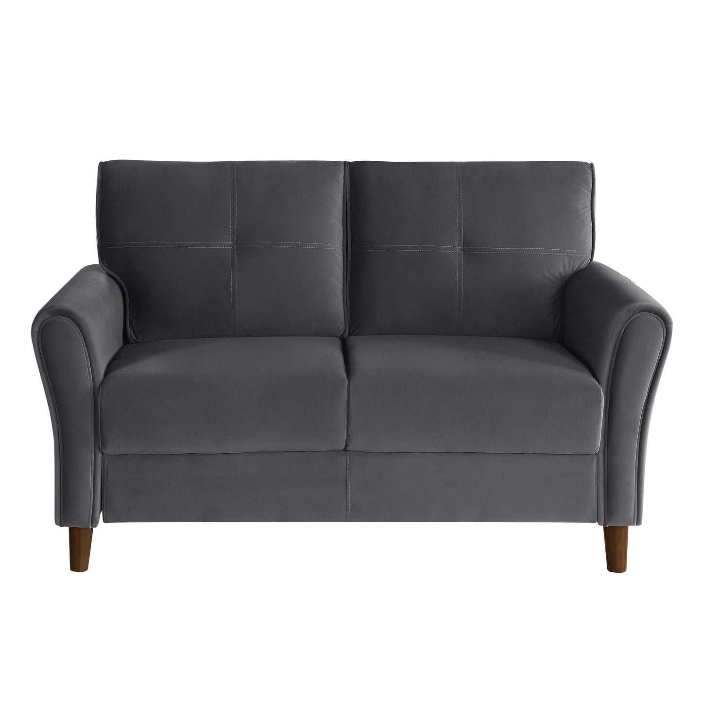 Sarah 57 Inch Loveseat, Gray Velvet, Stitch Tufting, Reversible Cushions