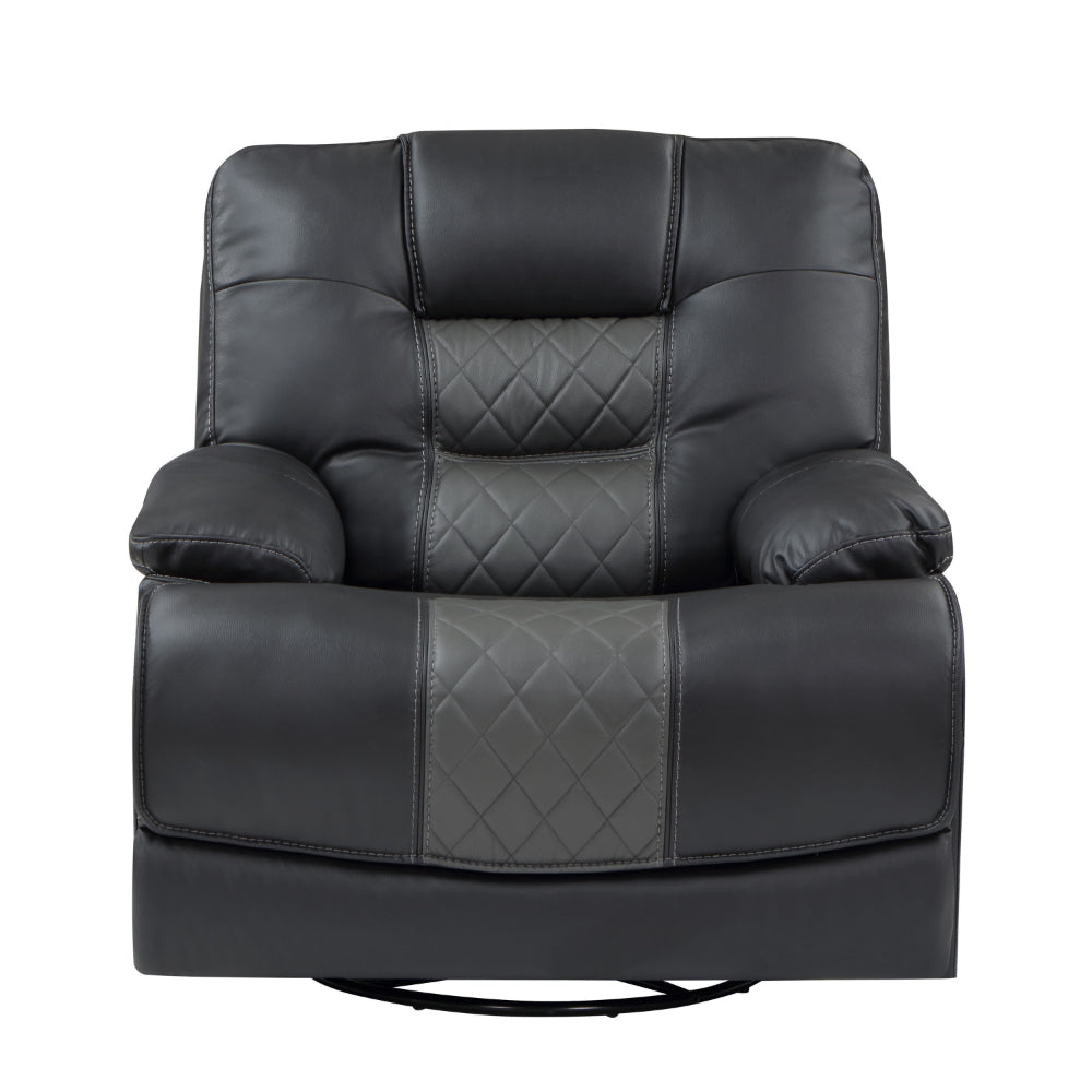 Liam 39 Inch Manual Swivel Glider Recliner Chair, Gray Faux Leather, Wood