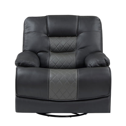 Liam 39 Inch Manual Swivel Glider Recliner Chair, Gray Faux Leather, Wood