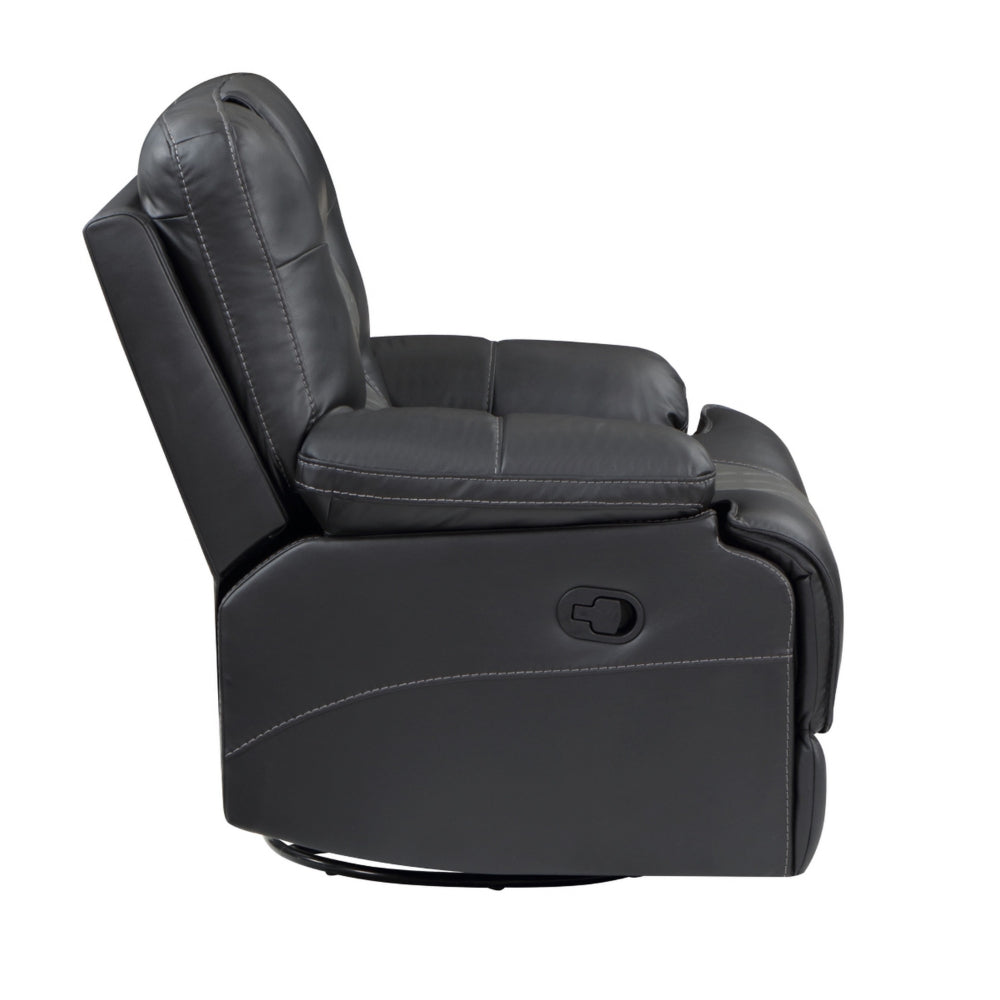 Liam 39 Inch Manual Swivel Glider Recliner Chair, Gray Faux Leather, Wood