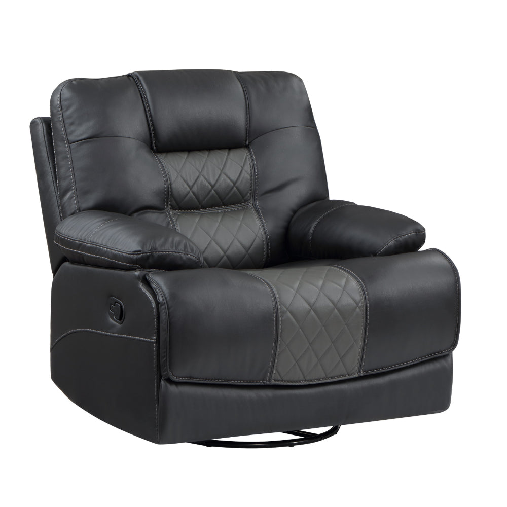 Liam 39 Inch Manual Swivel Glider Recliner Chair, Gray Faux Leather, Wood