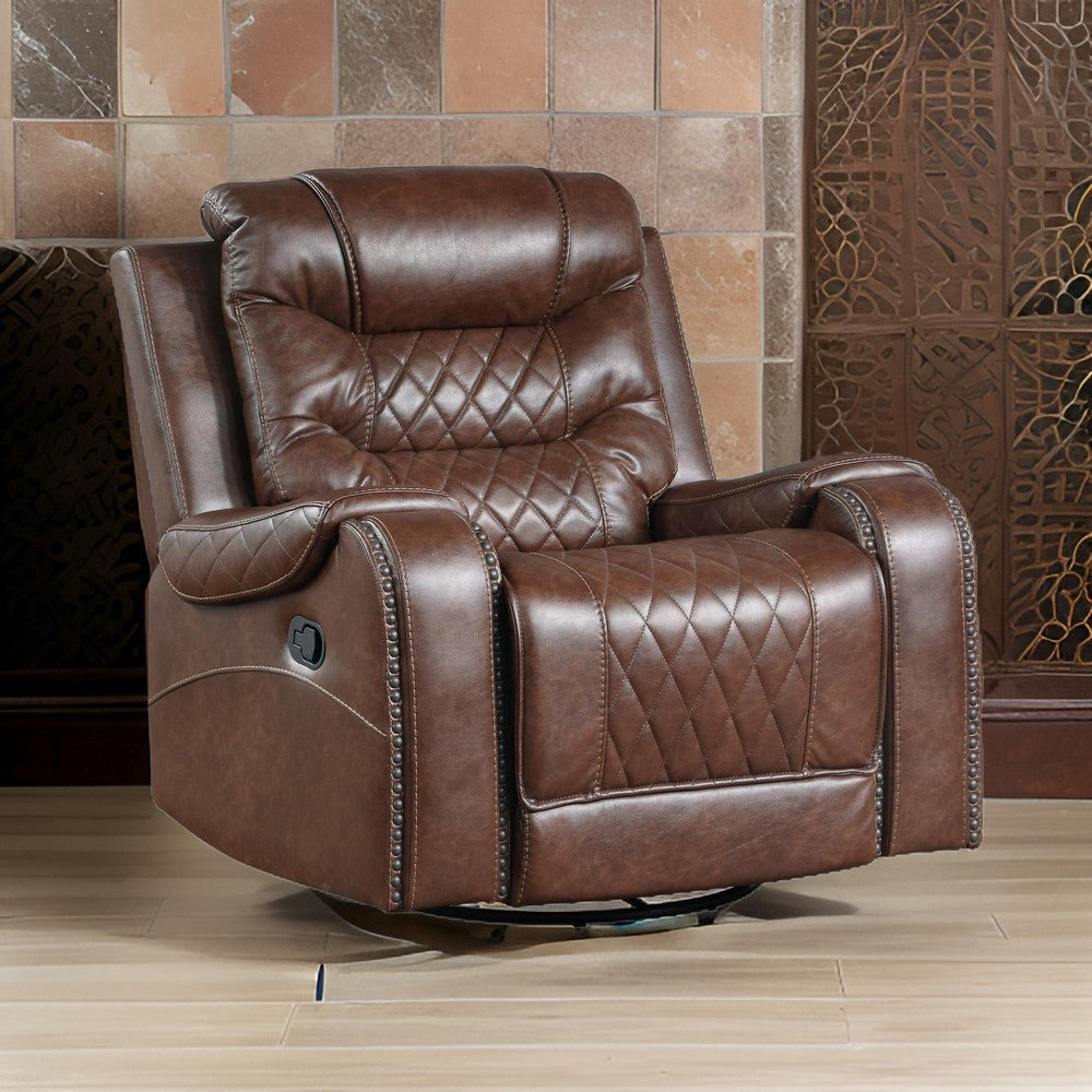 Paul 38 Inch Manual Swivel Glider Recliner Chair, Brown Faux Leather