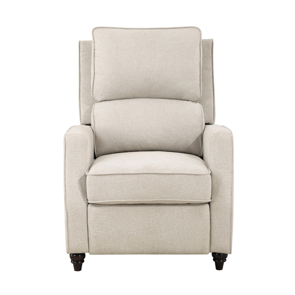 Isac 37 Inch Push Back Recliner Chair, Beige Polyester, Brown Solid Wood