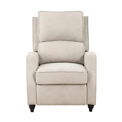 Isac 37 Inch Push Back Recliner Chair, Beige Polyester, Brown Solid Wood