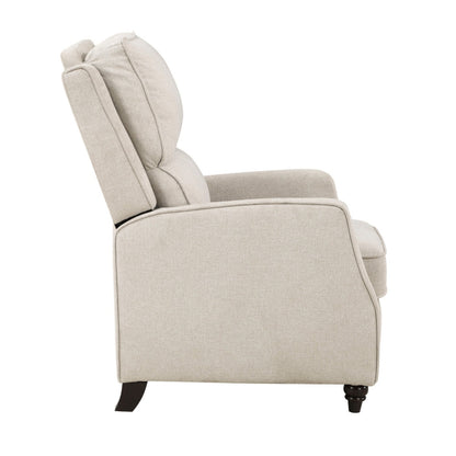 Isac 37 Inch Push Back Recliner Chair, Beige Polyester, Brown Solid Wood