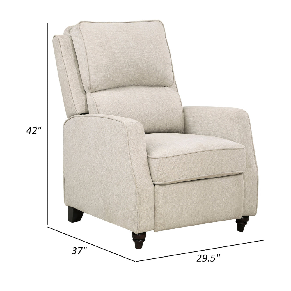 Isac 37 Inch Push Back Recliner Chair, Beige Polyester, Brown Solid Wood