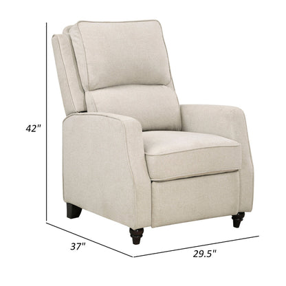 Isac 37 Inch Push Back Recliner Chair, Beige Polyester, Brown Solid Wood