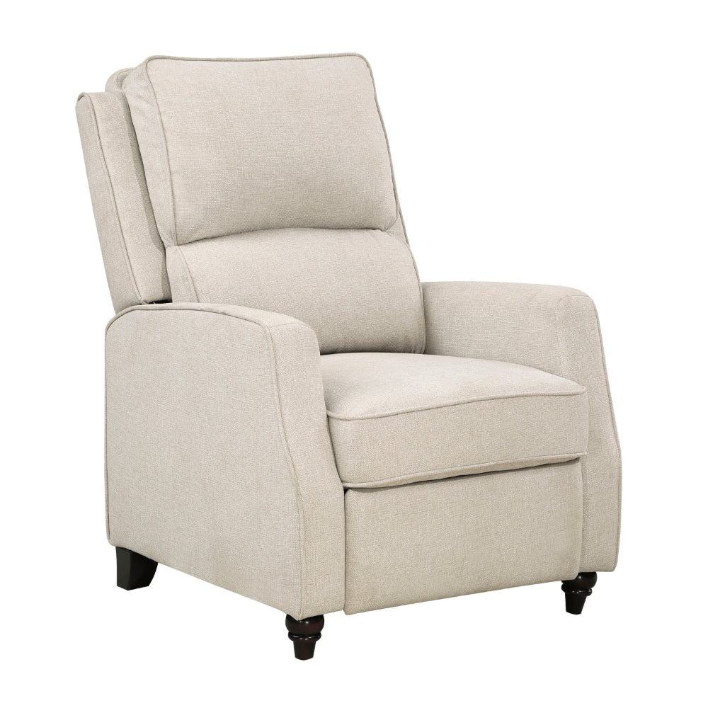 Isac 37 Inch Push Back Recliner Chair, Beige Polyester, Brown Solid Wood
