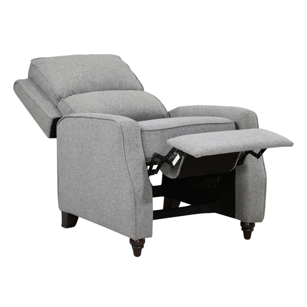 Isac 37 Inch Push Back Recliner Chair, Gray Polyester, Brown Solid Wood
