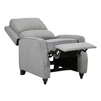 Isac 37 Inch Push Back Recliner Chair, Gray Polyester, Brown Solid Wood