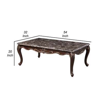 Cona 54 Inch Cocktail Coffee Table, Carved Gold Accent, Cherry Brown, Gray
