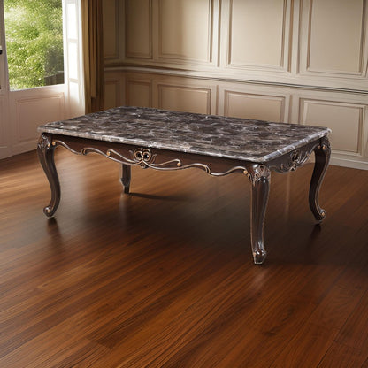 Cona 54 Inch Cocktail Coffee Table, Carved Gold Accent, Cherry Brown, Gray