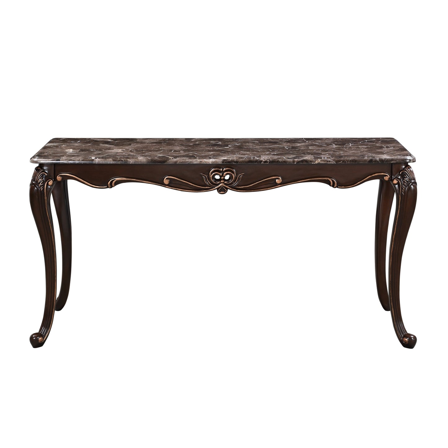 Cona 58 Inch Console Table, Carved Gold Accents, Cherry Brown, Gray, White