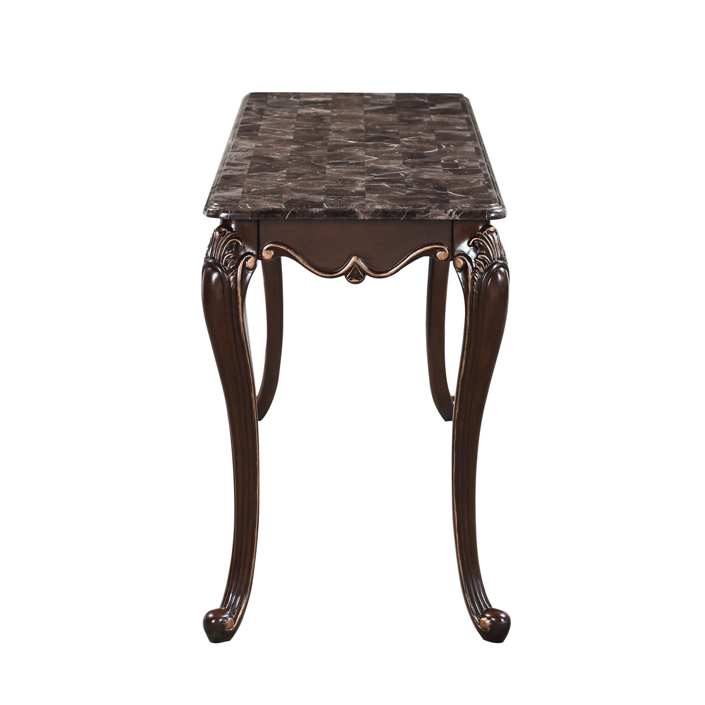 Cona 58 Inch Console Table, Carved Gold Accents, Cherry Brown, Gray, White