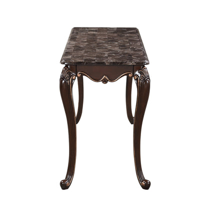 Cona 58 Inch Console Table, Carved Gold Accents, Cherry Brown, Gray, White