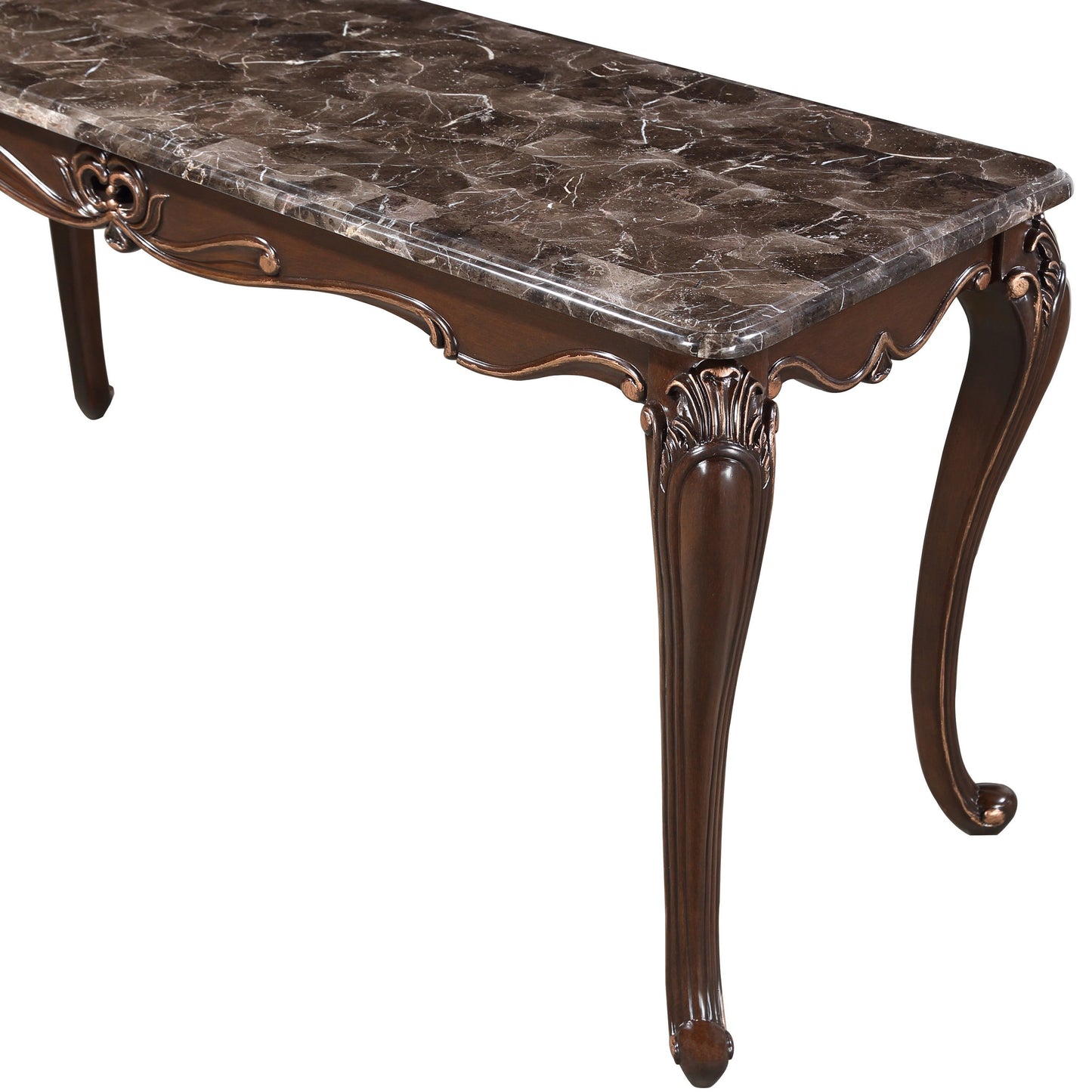 Cona 58 Inch Console Table, Carved Gold Accents, Cherry Brown, Gray, White