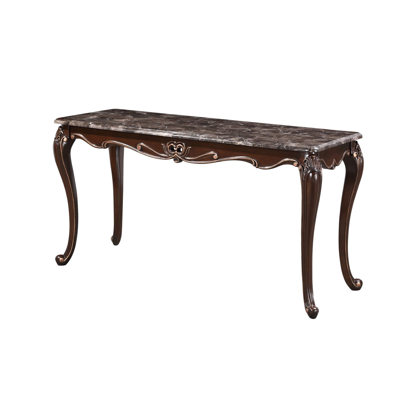 Cona 58 Inch Console Table, Carved Gold Accents, Cherry Brown, Gray, White