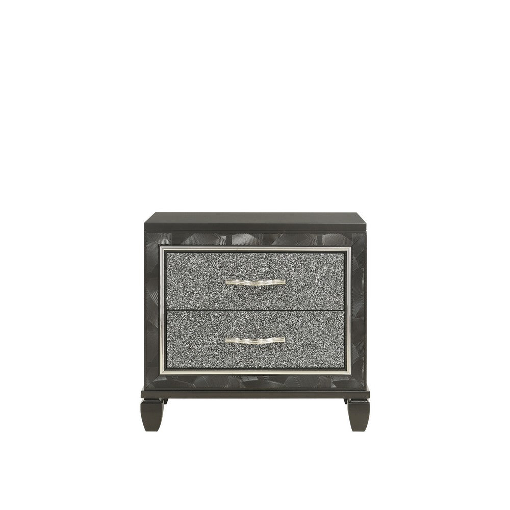 Ren 28 Inch Nightstand with 2 Glitter Front Storage Drawers, Black, Silver