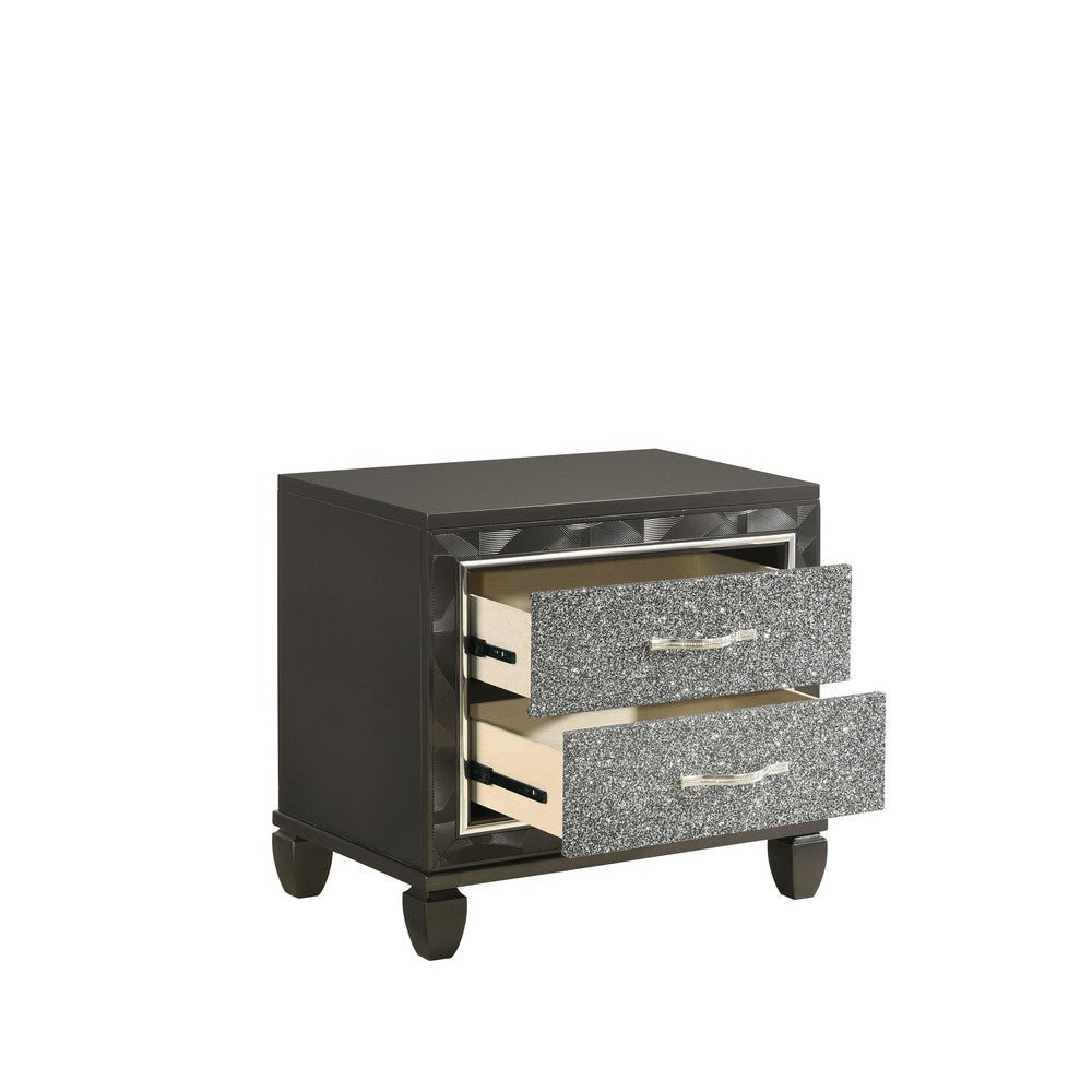 Ren 28 Inch Nightstand with 2 Glitter Front Storage Drawers, Black, Silver